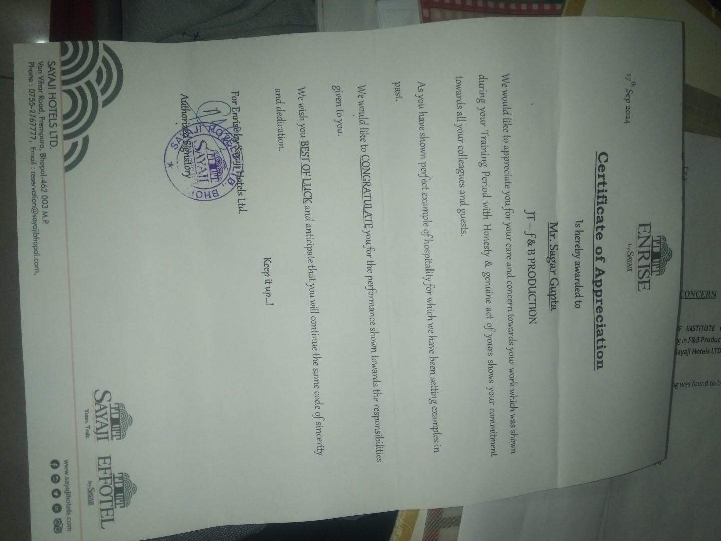 Recieved Certificate of Appreciation during 6 month of Job Training from Enrise by Sayaji Bhopal